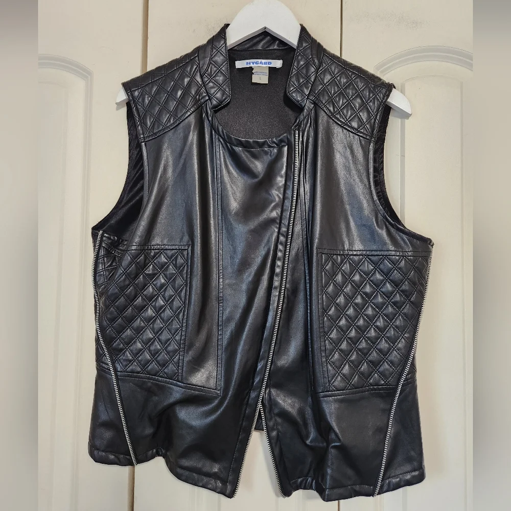 Peter Nygard Black Faux Leather Moto Vest Size Large